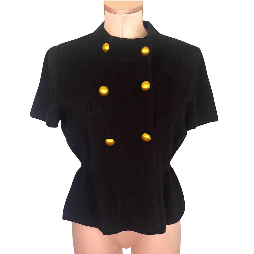 INC Womens XL Black 100% Merino Wool Peplum Cardigan Gold Old Money Regencyore